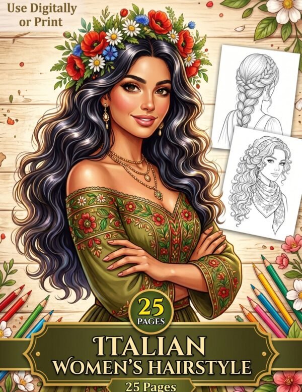 Suggested  Italian Women Hairstyle Coloring Book | 25 Detailed Pages (Digital Download)